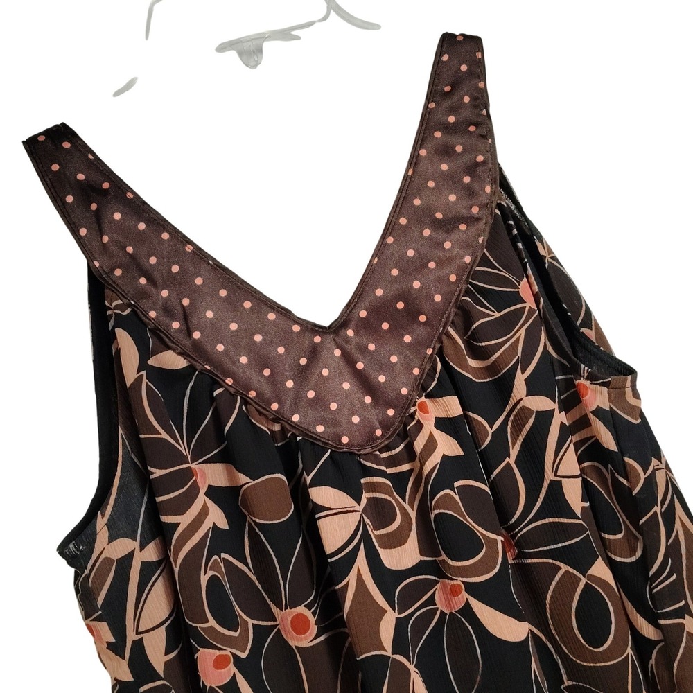 Mixit Large Floral Print Sleeveless Blouse Brown Polka Dot V Neck Top Boho Chic